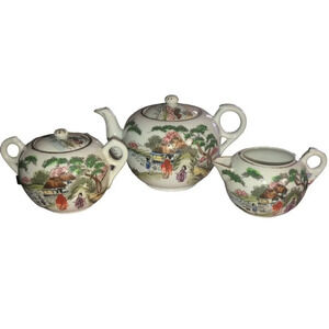 Vintage Japanese Geisha's Teapot Sugar Bowl & Creamer Hand-Painted Porcelain 5pc